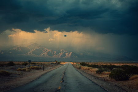 Flying saucer hovers over a desert highway under dramatic storm clouds at sunset, creating a surreal and otherworldly sceneの素材