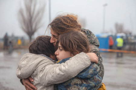 Ukrainian refugee family embracing at a border checkpoint, seeking safety and asylum from the turmoil of war, filled with hope and fearの素材