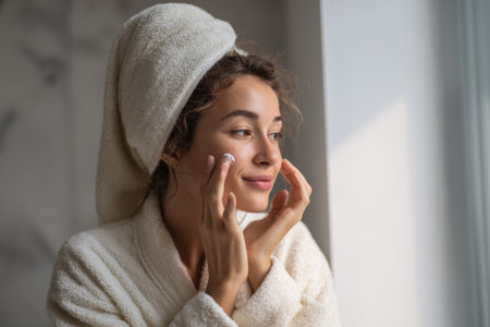 Smiling woman in a bathrobe and towel, applying organic face cream in her bathroom, enjoying a moment of self-care and wellnessの素材