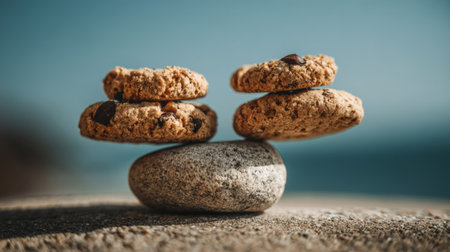 Oatmeal cookies with chocolate chips balancing on a stone against a blurred blue background, creating a precarious yet visually appealing arrangementの素材