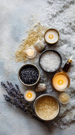 Variety of bath salts, essential oils, lavender and burning candles creating a relaxing luxury spa sceneの素材