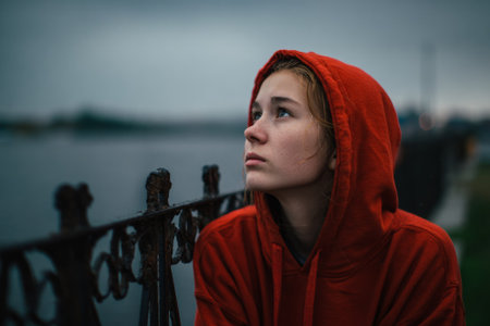 Sad pensive teenager wearing a red hoodie looking up, standing near a metallic fence in front of a lake or river on a cloudy dayの素材