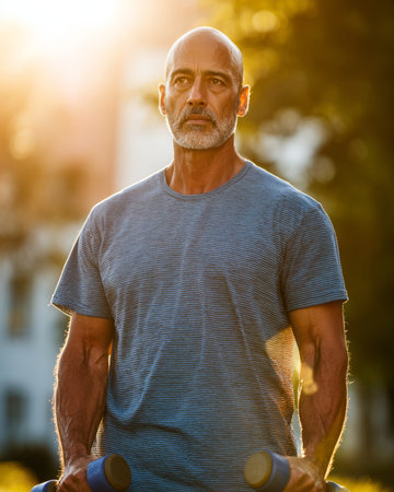Determined senior man lifting weights in a park during sunset, active embracing aging and maintaining a healthy lifestyleの素材