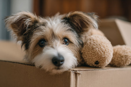 Adorable puppy resting his head on a cardboard box with his favorite teddy bear, enjoying a moment of peace and comfortの素材
