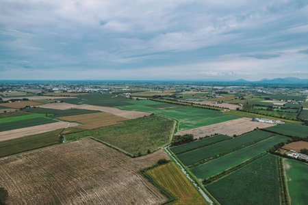 Aerial view of cultivated fields forming a patchwork of geometric shapes in po valley, italy, under...