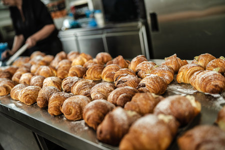 Rows of golden croissants with chocolate and pistachio fillings dusted with powdered sugar, cooling...
