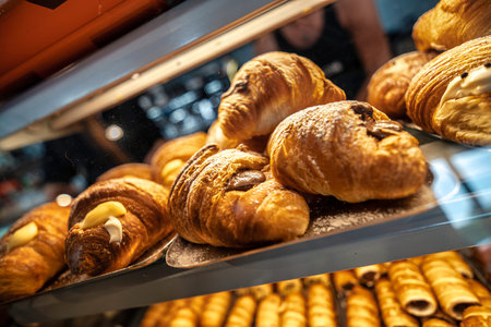 Golden croissants and Italian pastries neatly arranged in a bakery display case, showing flaky...