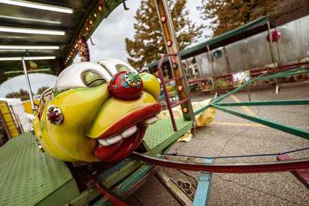 Abandoned caterpillar amusement ride sitting unmoving on its track at a desolate funfair, evoking feelings of childhood nostalgia, loneliness, and decayの写真素材