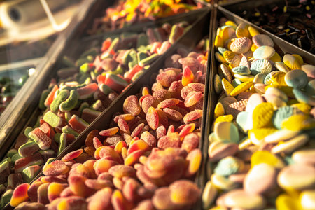 Various types of vibrant gummy sweets displaying different shapes, colors, and textures, filling a display case at a candy shop or marketの写真素材