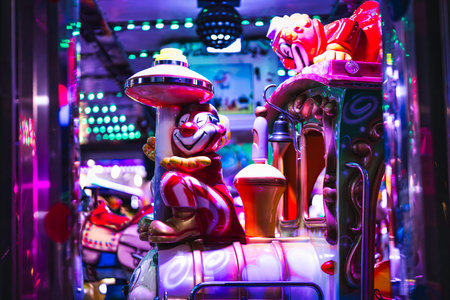 Amusement park clown ride at night with glowing neon lights and colorful fairground attractions, vibrant playful details, bokeh motion and festive whimsical atmosphereの写真素材