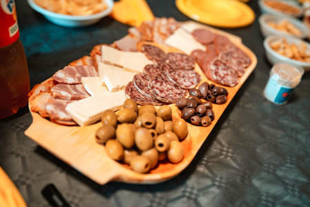 Wooden serving board presenting a variety of charcuterie meats, sliced cheese blocks, and black and green olives, creating an inviting spread for an appetizer or snackの写真素材