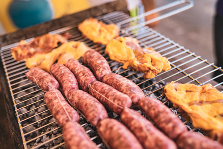 Sausages and chicken meat grilling on a charcoal barbecue, cooking fresh food for an outdoor gathering during summer, showing a traditional cooking methodの写真素材