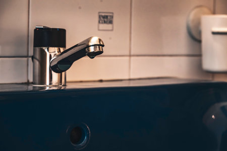 Rovigo, Italy 18 December 2025: modern chrome faucet with a single drip falling into a deep blue ceramic sink, highlighting water conservation and clean designのeditorial素材