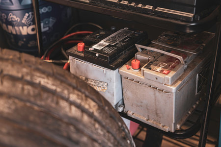 Rovigo, Italy 18 December 2025: used lead-acid car batteries and a worn tire stored on a garage...