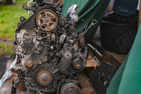 Rovigo, Italy 18 December 2025: disassembled rusty car engine block exposing gears, timing belt, camshaft and grime-coated mechanical components in a workshopのeditorial素材
