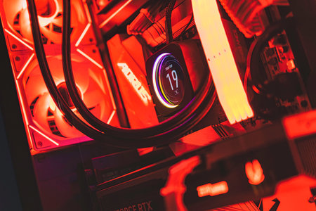 Rovigo, Italy 18 December 2025: high-performance computer components illuminated with vibrant red RGB lighting, showcasing advanced liquid cooling system and hardwareのeditorial素材