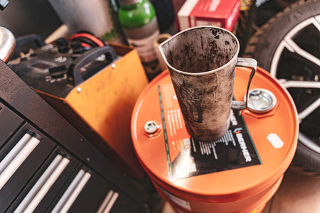 Rovigo, Italy 18 December 2025: dirty metal measuring cup on orange oil barrel beside tools and a tire, gritty auto service garage scene with worn, used equipmentのeditorial素材