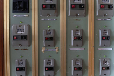 Rovigo, Italy 18 December 2025: electrical panel showing vintage circuit breakers and power...