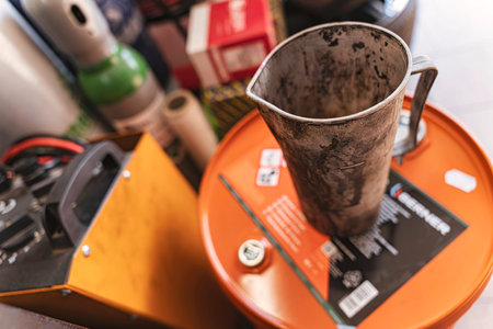 Rovigo, Italy 18 December 2025: grease-stained metal measuring jug on an orange oil drum amid...