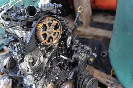 Rovigo, Italy 18 December 2025: car engine removed from vehicle in garage, worn and rusty with oil...