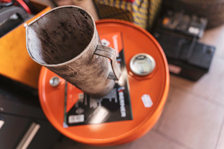 Rovigo, Italy 18 December 2025: dirty oil jug and rusty industrial barrel in a garage workshop, stained with motor oil and grime from heavy automotive maintenanceのeditorial素材