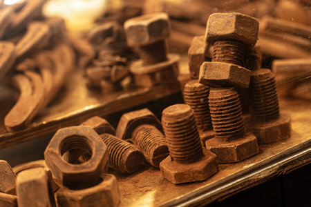 Chocolate nuts and bolts resembling actual hardware components are piled and arranged in a dessert...