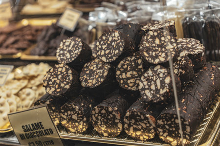 Chocolate salami, a traditional Italian chocolate salami, features dark chocolate mixed with crushed biscuits or nuts, presented in a retail display for saleの写真素材