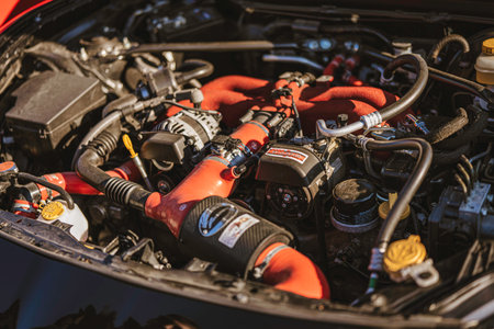 Imola, italy 01 january 2026: close-up of powerful car engine bay with red custom air intake and...