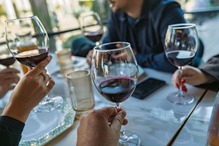 Batumi, georgia 21 april 2026: friends clinking glasses of red wine in a warm batumi restaurant, celebrating and enjoying a relaxed, elegant dinner together