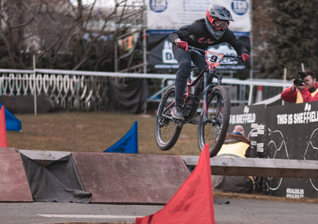 SHEFFIELD, UK - 23RD MARCH 2019: Mountain bike riders take part in the thrilling Howard Street Dual...