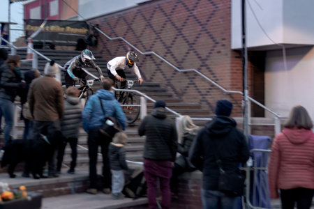 SHEFFIELD, UK - 23RD MARCH 2019: Mountain bike riders take part in the thrilling Howard Street Dual...