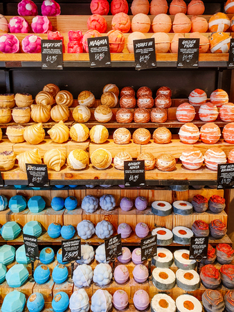 LEEDS, UK - JUNE 1ST 2019: Lush in Leeds city centre selling a variety of very colourful bath bombsのeditorial素材