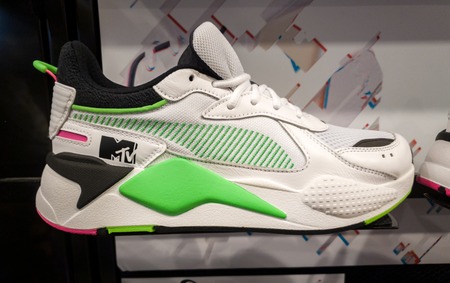SHEFFIELD, UK - 2ND JUNE 2019: A side view of the PUMA X MTV RS-X Tracks trainer for sale in a shop in the UKのeditorial素材