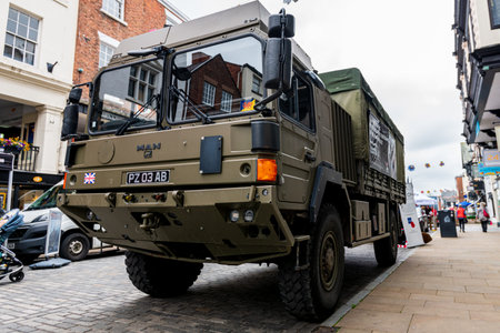 CHESTER, UK - 26TH JUNE 2019: An army HX60 4x4 truck stationed in Chester City to recruit for the...
