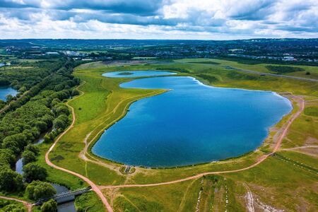 Aerial view of Waverley Lake, Rotherham, South Yorkshire, UK. Taken in June 2019の写真素材