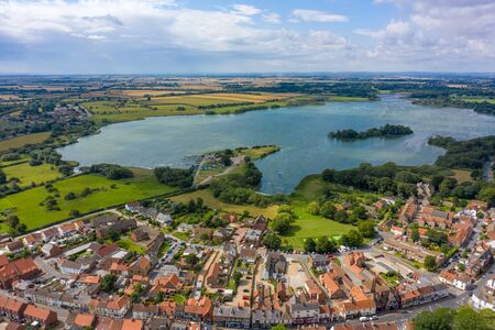 Aerial View of buildings and the mere in the seaside town of Hornsea during Summer of 2019の写真素材