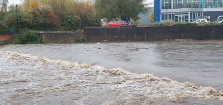 Severe rainfall over South Yorkshire causes the rivers in the area to overflow and break their banksの写真素材