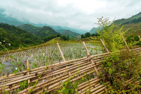 Beautiful shot of Sapa and the surrounding mountains in North Vietnam during a overcast day in Autumn 2019の写真素材