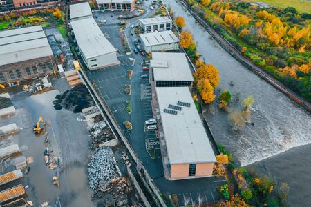 Aerial images of damage caused by the River Don, Sheffield, Yorkshire, UK bursting its banks in the November Flood near Meadowhallの写真素材