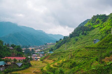 Stunning image of rice terraces and mountains surrounding Cat Cat Village, Below Sapa in Northern Vietnamの写真素材