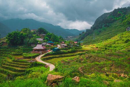 Stunning image of rice terraces and mountains surrounding Cat Cat Village, Below Sapa in Northern Vietnamの写真素材