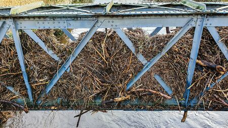 Aftermath of the River Don flooding in Sheffield, November 2019. Bridges clogged up with sticks and debris show the height of the water level during the floodの写真素材