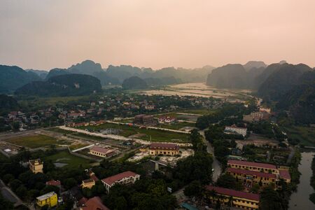 Aerial view of Tam Coc near Ninh Binh at sunset in Northern Vietnam, Asia.の写真素材