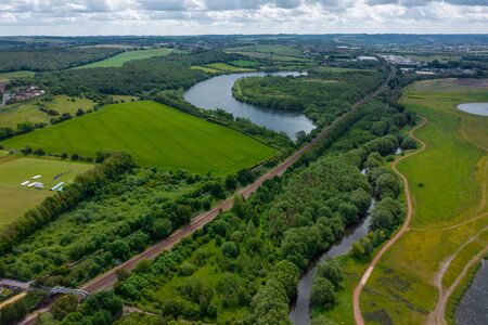 Aerial shot of Waverley Lakes in between Rotherham and Sheffield in South Yorkshire. June 2019の写真素材