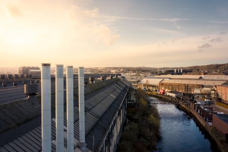 Shot on a frosty morning over Sheffield City using a drone. The city is located in Yorkshire, UK, Europeの写真素材
