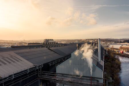Shot on a frosty morning over Sheffield City using a drone. The city is located in Yorkshire, UK, Europeの写真素材