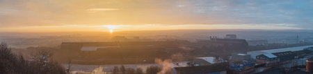 Sheffield City, South Yorkshire panorama during an early frosty morning sunset, UK