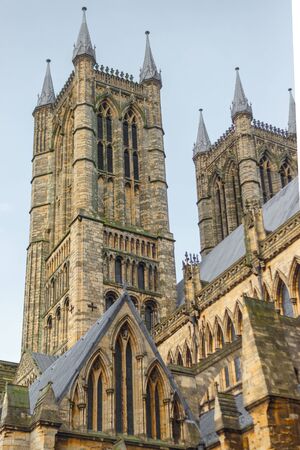 Lincoln Cathedral shot in ground level in Winter from the outside. Lincoln, Lincolnshire, UK, 2019の写真素材