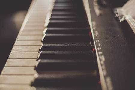 Close up shot of ivory black and white keys on a piano. Golden morning light hitting the keys.