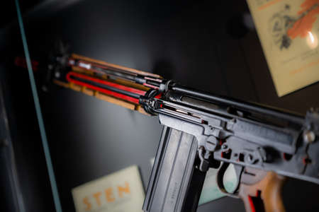 Close up of 7.62mm rifle. Black coloured, broken apart with the parts exposedの写真素材